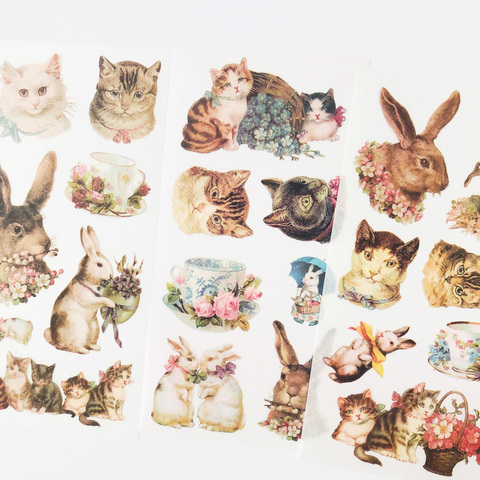 Autocollants décoratifs lapin et chat, étiquette Kawaii, pour journal intime, décoration de fête, DIY bricolage, 3 feuilles/paquet ► Photo 1/2