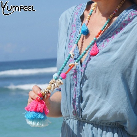 Yumfeel-collier avec pompon pour femmes, flambant neuf, bijou avec perles en bois, cristaux, coquille naturelle, Long, bijou fait main ► Photo 1/6