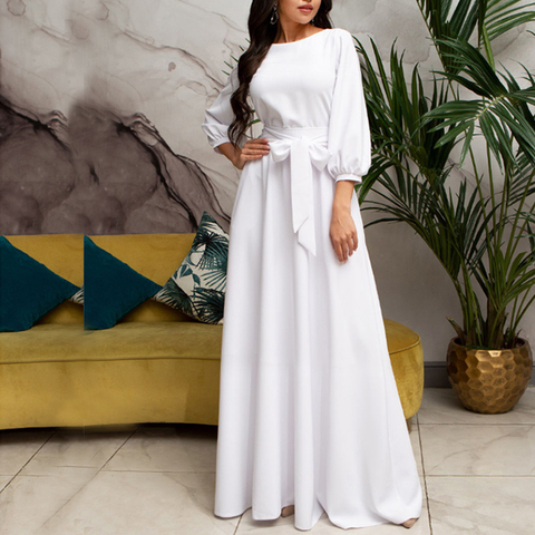 Robe longue à manches lanternes pour femmes, Vintage, nœud papillon, Maxi, blanche, élégante, à bandes, couleur unie, col rond, style Boho, longueur au sol, 2022 ► Photo 1/6