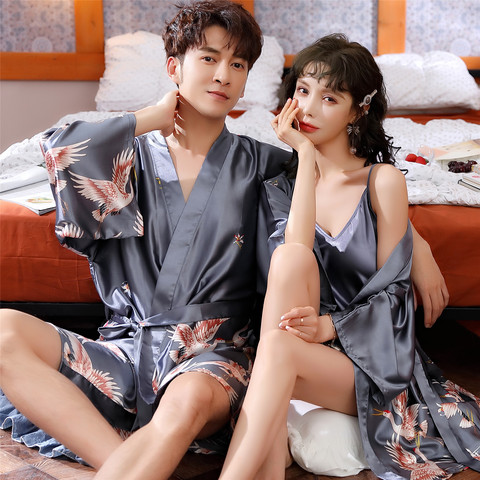 Surdimensionné 5XL hôtel serviette peignoir soie impression Robes Kimono longue chemise de nuit vêtements de nuit de salon pour les amoureux Couples vacances col en V ► Photo 1/6