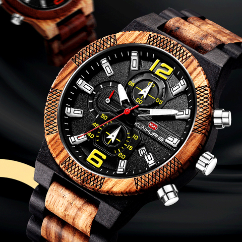 Montres en bois pour hommes, montre de luxe lumineuse multifonction, à Quartz rétro, mode Sport ► Photo 1/6