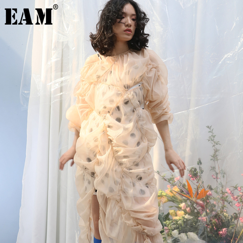 EAM – robe plissée à pois et cordon de serrage pour femmes, col rond, manches longues, coupe ample, mode Tide, printemps automne 2022, 1Y747 ► Photo 1/6