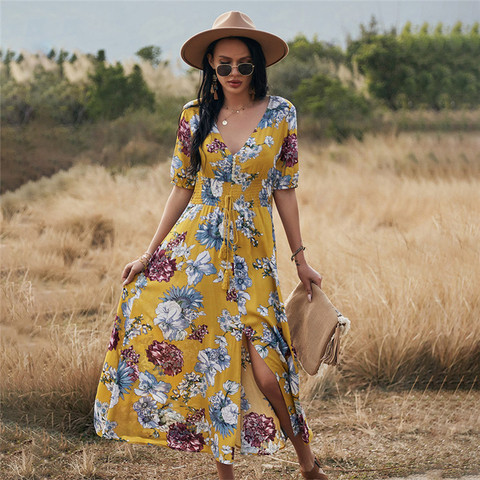 Robe longue à fleurs pour femmes, nouveauté, Sexy, col en V, Slim, taille haute, à bandes, imprimé trapèze, Maxi, printemps, été, 2022 ► Photo 1/6