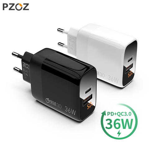 PZOZ PD 18W Charge rapide 3.0 USB chargeur 36W Charge rapide LED affichage ue adaptateur mural pour iphone11 8 7 6s xiaomi redmi note 9s ► Photo 1/6