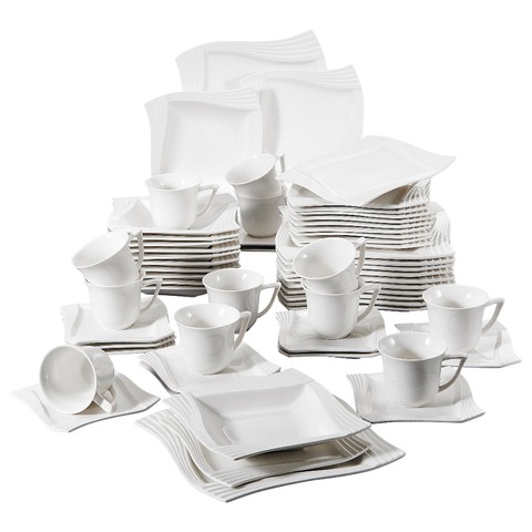 MALACASA – Service de table en porcelaine blanche, 60 pièces, tasses, soucoupes, assiettes à soupe, Dessert, Service pour 12 personnes ► Photo 1/6