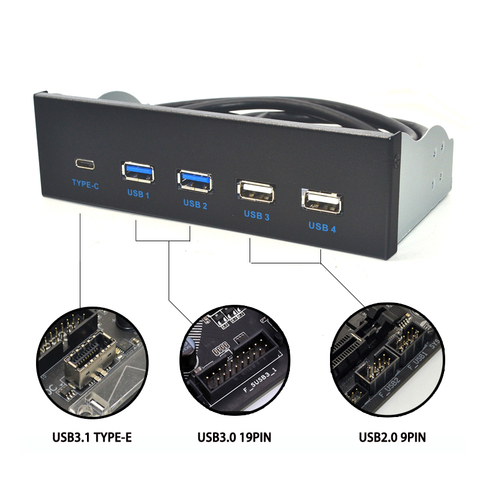 Panneau avant Hub USB 5.25 GEN2 3.1 pouces, 2 Ports USB 3.0 + 2 Ports USB2.0 + 1 Port TYPE-C avec connecteur TYPE-E pour ordinateur de bureau ► Photo 1/6