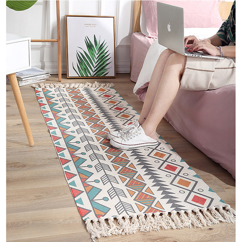 Tapisserie murale suspendue en macramé de style ethnique, tapis en coton et en lin, avec pompon géométrique bohème, ornement Boho, moquette de décoration de chambre pour la maison ► Photo 1/6