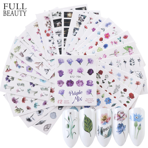 24 pièces Aquarelle Floral Fleur Autocollant Ongles Décalques Ensemble Flamant Cheval de Mer Conceptions Gel Manucure Décor Curseur D'eau CHSTZ683-706-1 ► Photo 1/6