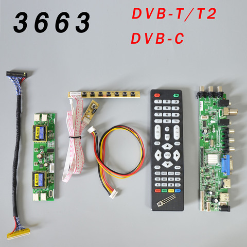 Carte pilote LCD universelle DS. V56 V59, Support de carte TV DVB-T2 + 7 interrupteurs à clé + IR + 4 lampes onduleur + LVDS 3663 ► Photo 1/5