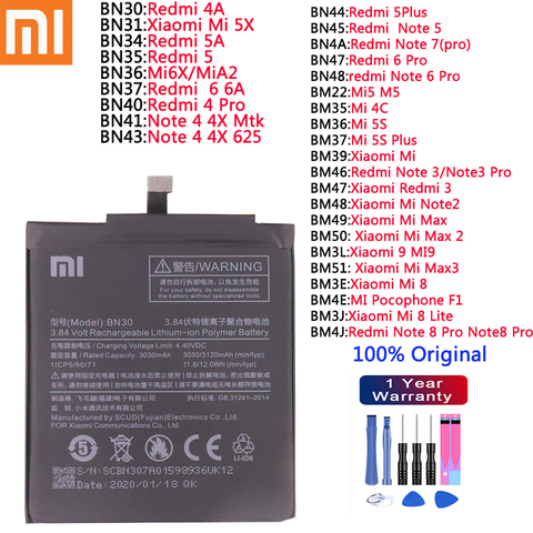 Xiaomi Batterie D'origine Xiaomi Redmi 4A 5 5A 5 plus 6 6A 4pro 6Pro Note 4 4X 5 6 Pro 7 Pro Km 4C Mi5 M5 5S Mi6X Plus Bateria ► Photo 1/4