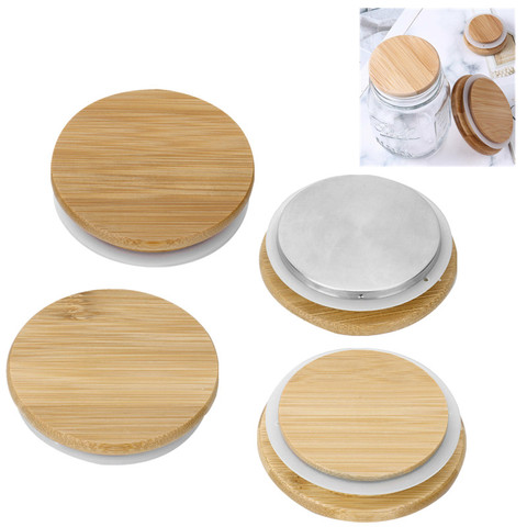 Couvercles réutilisables de couvercles de bambou couvercles de pot de maçon couvre les couvercles frais en bois avec le joint de Silicone pour boire le pot de mise en conserve ► Photo 1/6