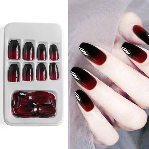 24 pièces/ensemble européen Long cercueil faux ongles pré-design noir rouge dégradé ballerine artificiel ongles Art conseils faux ongles avec de la colle ► Photo 1/6