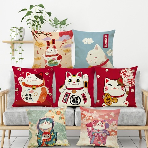 Housse de coussin chat chanceux de style japonais, taie d'oreiller de canapé 45*45, taie d'oreiller en coton et lin, décoration de maison ► Photo 1/5