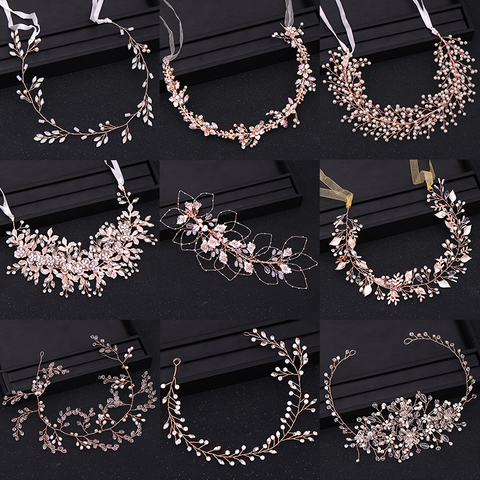 Bandeau couleur or Rose pour mariée, accessoires de cheveux de mariage, cristal, perles pour femmes, bijoux fait à la main ► Photo 1/6