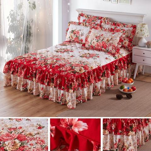 Ethnique fleur motif Polyester ébouriffé lit jupe literie feuille reine roi literie couvre-lit maison romantique mariage lit décor ► Photo 1/6