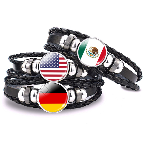 Bracelet avec drapeau du monde, bijoux, drapeau américain, mexique, Canada, France, grande-bretagne, espagne, brésil, en cuir, noir ► Photo 1/4
