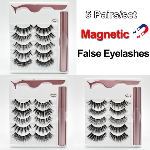 Faux-cils magnétiques, naturels, épais, faits à la main, sans colle, hypoallergéniques, avec applicateur, 5 paires/ensemble ► Photo 1/6