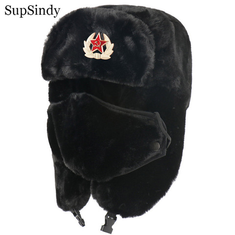 SupSindy armée militaire soviétique CCCP Ushanka hommes et femmes hiver oreillettes Bomber chapeau chaud fausse fourrure coupe-vent thermique chapeau neige ski casquettes ► Photo 1/6