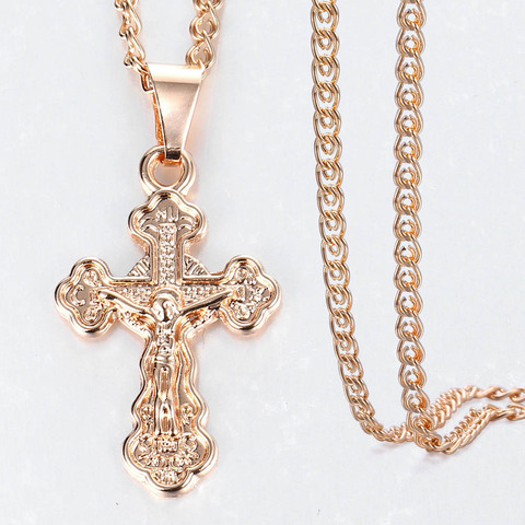 Collier avec pendentif en croix crucifié en cristal pour homme et femme, chaîne à maillons d'escargot, en rose et doré, bijoux de prière, vente en gros, GPM26, 585 ► Photo 1/6