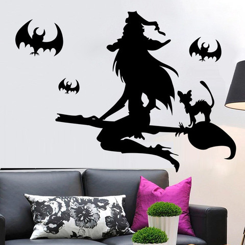 Autocollants muraux chat noir chauve-souris sorcière, pour boutique, décoration de maison, décalcombricolage de fenêtre, affiches en vinyle Festival d'halloween, cadeau d'art Mural pour enfants ► Photo 1/5