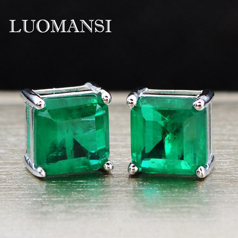 Luomansi 100% en argent Sterling 925 boucles d'oreilles vert naturel boucles d'oreilles 3 Carats 7*7 carré émeraude boucles d'oreilles pour les femmes en gros ► Photo 1/6