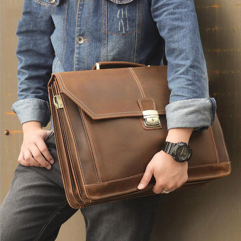 Luufan – mallette d'affaires Double couche en cuir véritable pour hommes, sac à bandoulière avec poignée, grand sac d'ordinateur de 17 pouces ► Photo 1/6