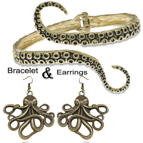 Boucles d'oreilles Bracelet pendentif Octopus pour femmes, ouvert sur la manchette, grandes gouttes, tentacules d'animaux, la mer, l'océan, fantaisie Vintage, Goth ► Photo 1/6