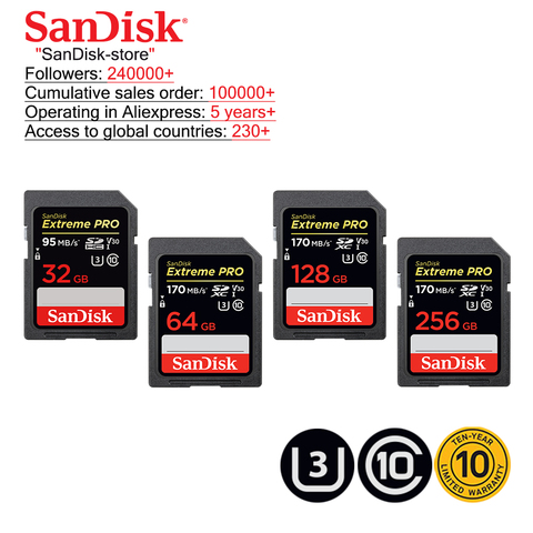 SanDisk – carte mémoire Flash Extreme Pro SDHC/SDXC, 32 go 64 go 128 go 256 go C10 U3 V30, UHS-I ► Photo 1/5