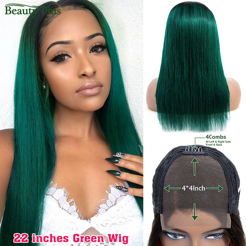 Perruque Lace wig brésilienne naturelle Remy, cheveux lisses, couleur vert 1B, 4x4, pre-plucked, densité 150%, pour femmes africaines ► Photo 1/6