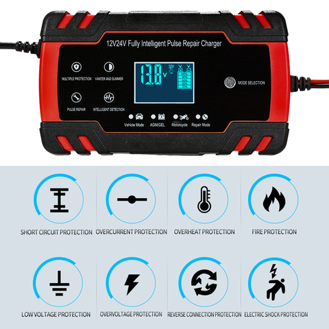 Chargeur automatique de batterie de voiture et moto, pour batterie au plomb humide, au plomb, 12/24V, pour réparation d'impulsion, avec écran LCD ► Photo 1/6