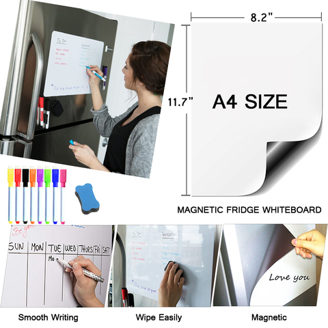 Tableau blanc magnétique A4 taille enseignement pratique effaçable à sec tableau blanc aimant marqueurs écriture mémo pour réfrigérateur organisateur autocollants ► Photo 1/6
