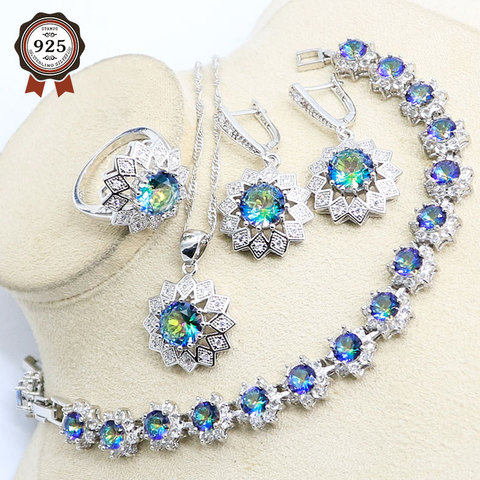 Ensemble de boucles d'oreilles et collier en Zircon arc-en-ciel pour femmes, bijoux de mariage, couleur argent, pendentifs et Bracelets ► Photo 1/6