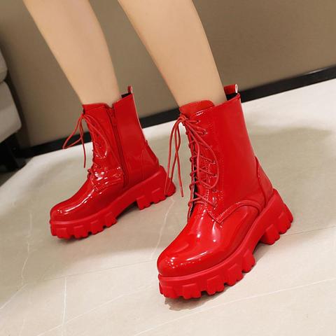 Femmes bottes en cuir verni plate-forme chaussures marque cheville mode bottes à talons hauts femmes automne hiver chaud plate-forme bottes noir rouge ► Photo 1/6