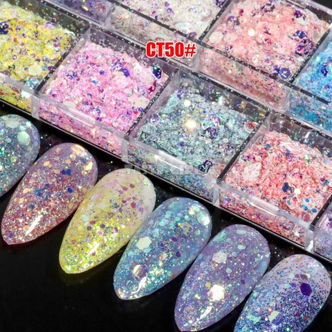 12 grilles/boîte mélange Starr hexagone paillettes ongles paillettes holographique Laser Paillette couleur changeante coquille Nail Art tranche décoration ► Photo 1/6