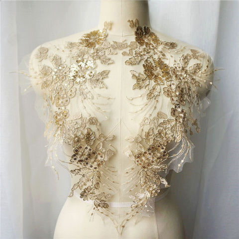 Robe de mariage à paillettes dorées, tissu en dentelle avec des Appliques, col brodé, Patch à coudre en maille, décoration bricolage-même, 2 pièces ► Photo 1/6