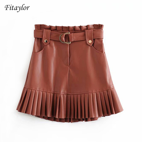 Fitaylor-Jupe plissée en cuir PU pour femmes, Mini Jupe Chic, à volants, ceinture, taille, poche, élégante dames, veste pour homme ► Photo 1/6