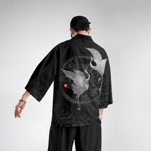 Costume Cardigan homme surdimensionné 6XL, pantalon, imprimé grue japonais, ensemble Yukata, nouveauté, veste, costume Tang, Style chinois ► Photo 1/6