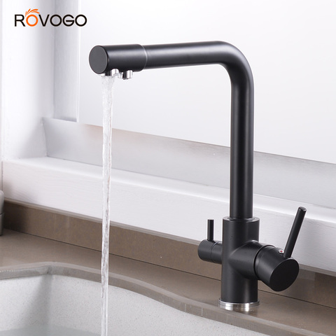 ROVOGO – robinet mitigeur froid et chaud de cuisine, filtre à eau potable 3 voies, robinet d'évier mélangeur, finition noire ► Photo 1/6