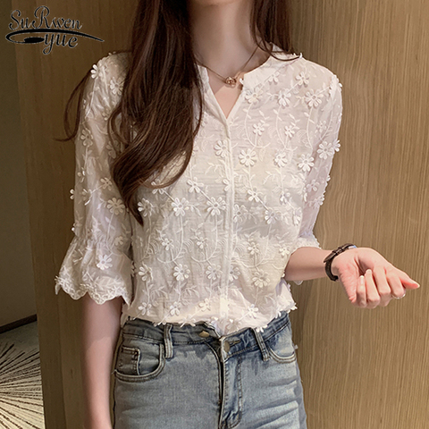 2022 Blouses élégantes été nouveau stéréoscopique brodé blanc dentelle chemise coton Blouse à manches courtes chemise femme 9638 ► Photo 1/6