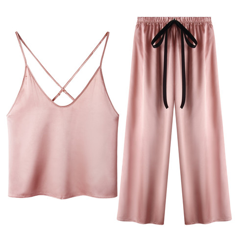 Ensemble de pyjama en Satin pour femmes Pyjamas Sexy croisé dos Camisole ensemble de pantalon nœud vêtements de nuit vêtements de détente doux ► Photo 1/6