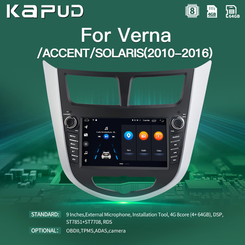 Kapud – autoradio Android 10, Navigation Gps, vidéo, stéréo, 4G, Audio, BT, lecteur multimédia pour voiture Hyundai Solaris, Accent, Verna (2010 – 2016) ► Photo 1/6