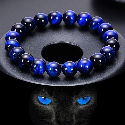 Bracelets en œil de tigre bleu, 6/8/10mm, perles rondes naturelles, corde d'élasticité, pierre bleue, pour hommes et femmes ► Photo 1/6