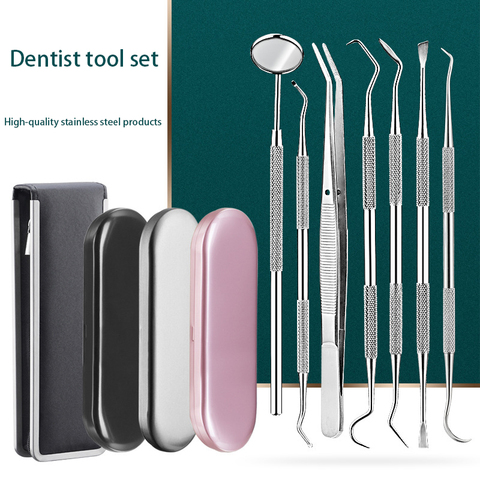 6 pièces en acier inoxydable ensemble d'outils dentaires dentiste dent propre hygiène pics Kit miroir santé bucco-dentaire nettoyage des dents Inspection tartre nettoyant ► Photo 1/6