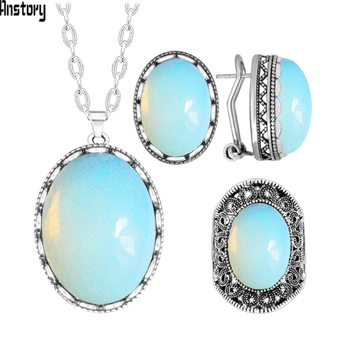 Ensemble de bijoux Vintage ovale en Quartz naturel et opale, collier et boucles d'oreilles en pierre naturelle, Jades améthystes, bague, à la mode ► Photo 1/6