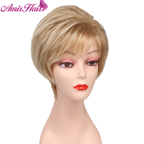 Amir-perruque synthétique lisse à frange, Blonde et brune, postiche courte résistante à la chaleur pour femmes, faux cheveux ► Photo 1/6