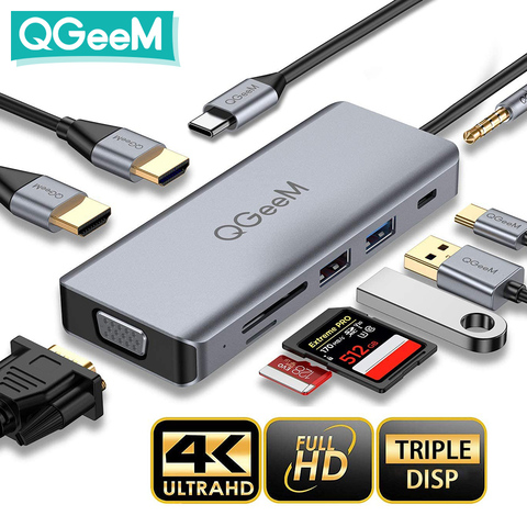 QGeeM Hub USB C pour Macbook Pro Air Xiaomi Dual HDMI VGA SD Lecteurs de carte Micro SD Chargeur Aux PD Hub USB Multi OTG 3.0 Type C Adaptateur de Dock Splitter pour ordinateurs portables Tablettes Accessoires PC ► Photo 1/6