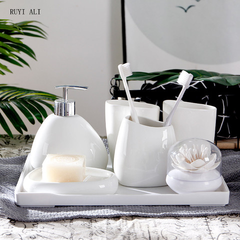 Ensemble d'accessoires de salle de bain en céramique blanche, distributeur de savon porte-brosse à dents/cadeau de mariage, plateau à mélamine/coton tige support pour cure-dents ► Photo 1/6