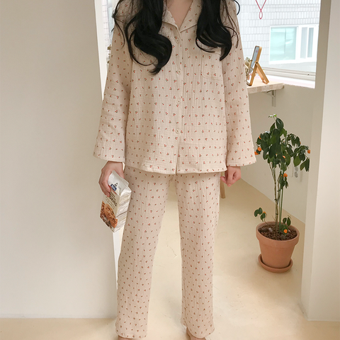 Pyjama en coton et lin, ensemble de vêtements de nuit, doux et mignon, imprimé cerise, Vintage, Kawaii, poche crantée, costume de maison, chemise + pantalon à boutons, S890 ► Photo 1/6