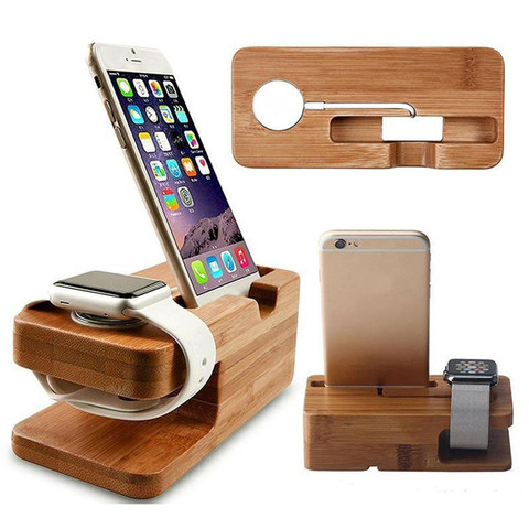 Station en bois pour téléphone portable et Apple Watch, support de recharge en bambou, pour Apple Watch et iphone ► Photo 1/6