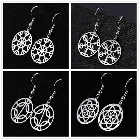 Skyrim-boucles d'oreilles pour femmes et filles, Viking Compass fleur de vie, amulette, goutte Talisman, en acier inoxydable, bijoux Dangle, idée cadeau pour filles ► Photo 1/6